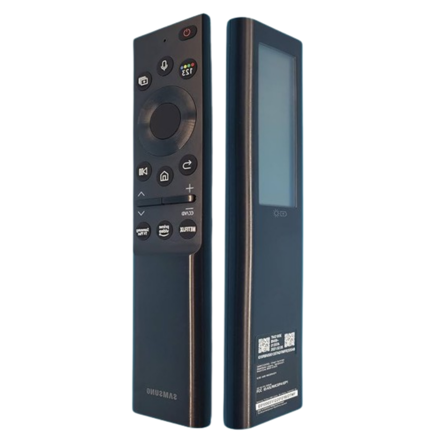 A Samsung solar-powered smart TV remote with voice and Bluetooth control, showing the front and back sides.