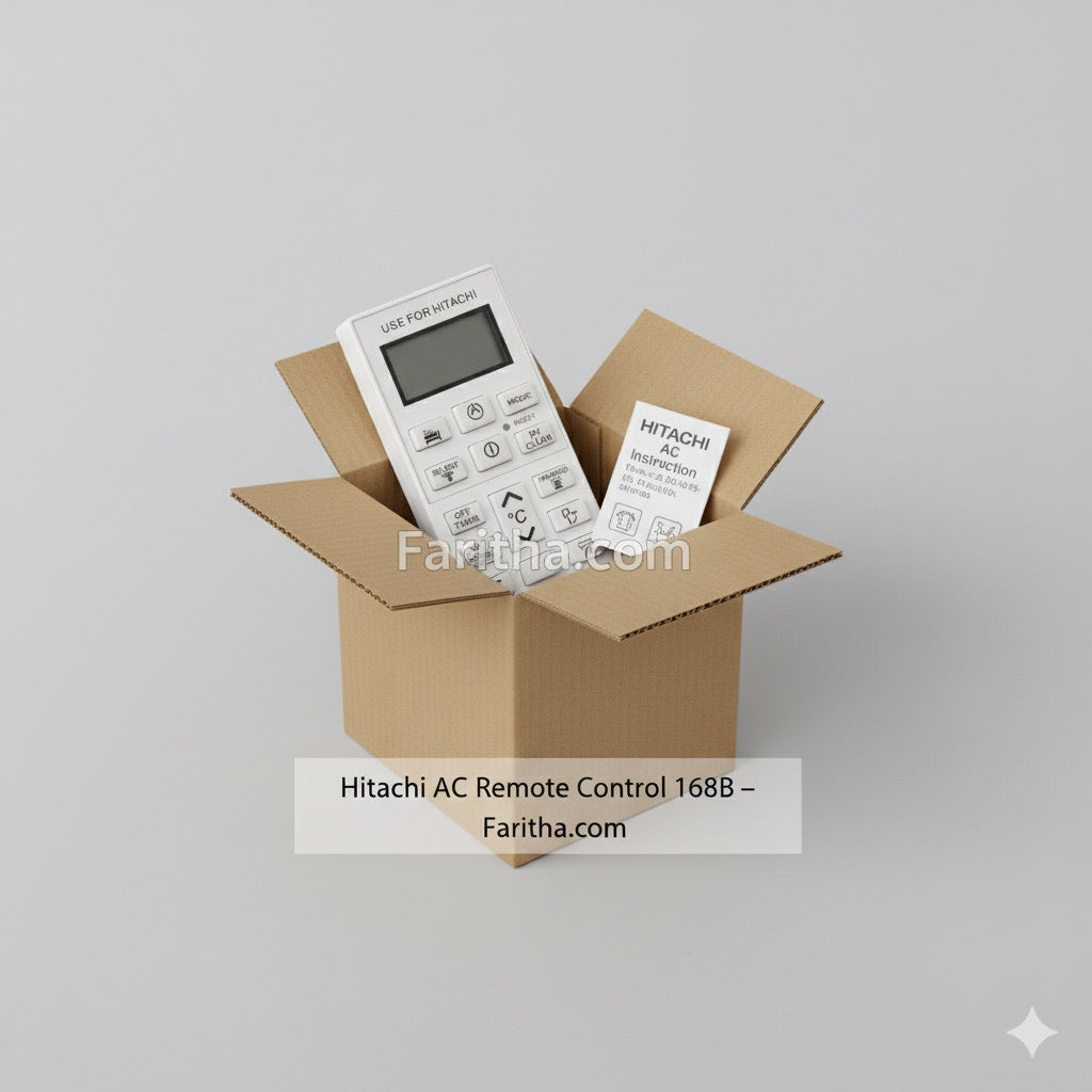 Hitachi AC remote control in a cardboard box with 'Faritha.com' branding.