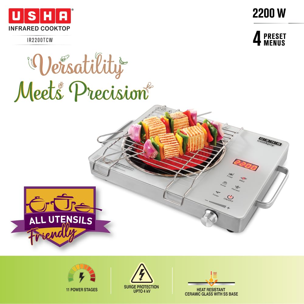 USHA IR2200TCW 2200W Infrared Induction Cooktop Grill Touch Control #