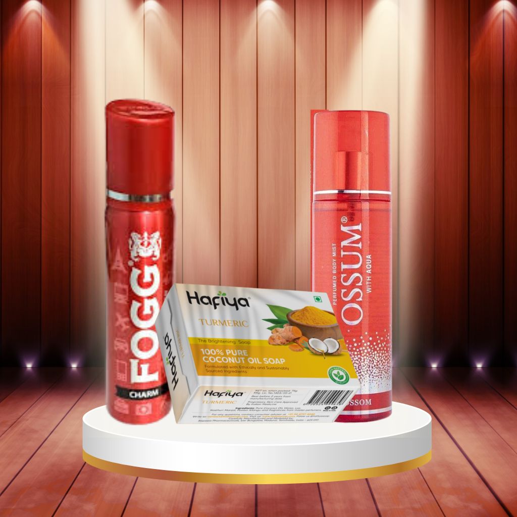 Hafiya Turmeric Soap,Ossum Blossom, Fogg Napoleon Perfume Combo 3Pcs Set Offer - Faritha