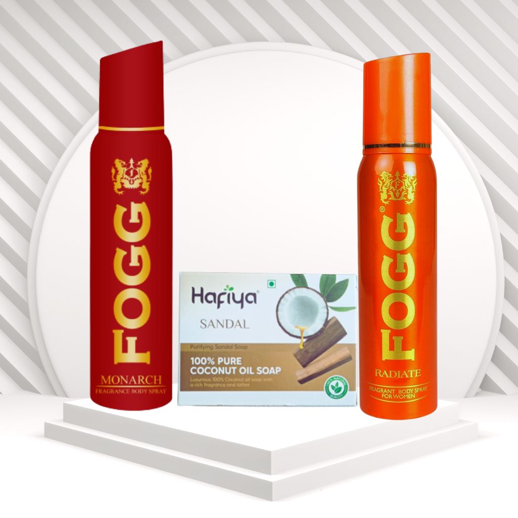 Hafiya Sandal Soap,Fogg Monorch & Radiate Perfume Combo 3Pcs Set Offer - Faritha
