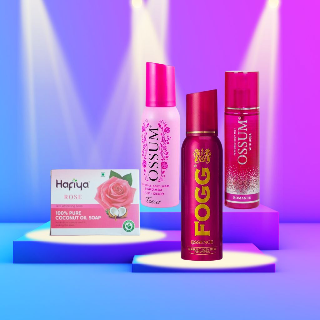 Hafiya Rose Soap Ossum Teaser,Romance, Fogg Essence Perfume Combo 4Pcs Set Offer - Faritha