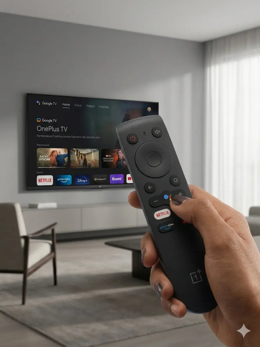 OnePlus Y Series TV Remote packaging — original Google Voice Netflix Prime India Faritha 2026