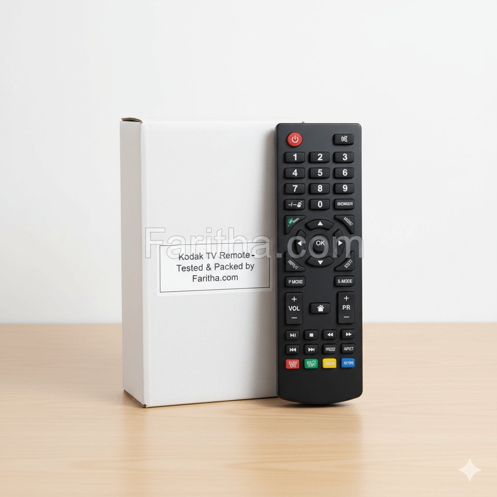 Black TV remote control with white box labeled 'Faritha' on a wooden surface.