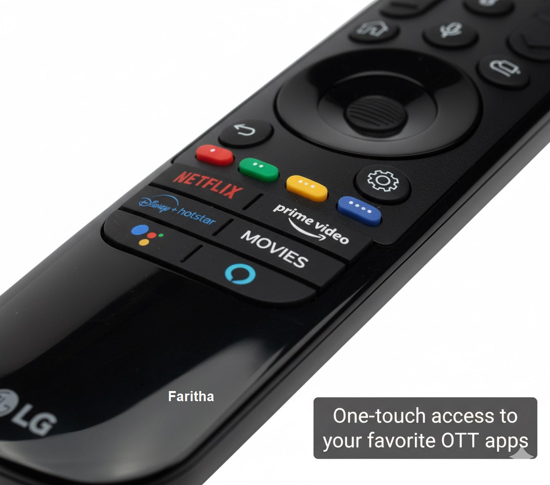 LG remote control with OTT app buttons on a white background