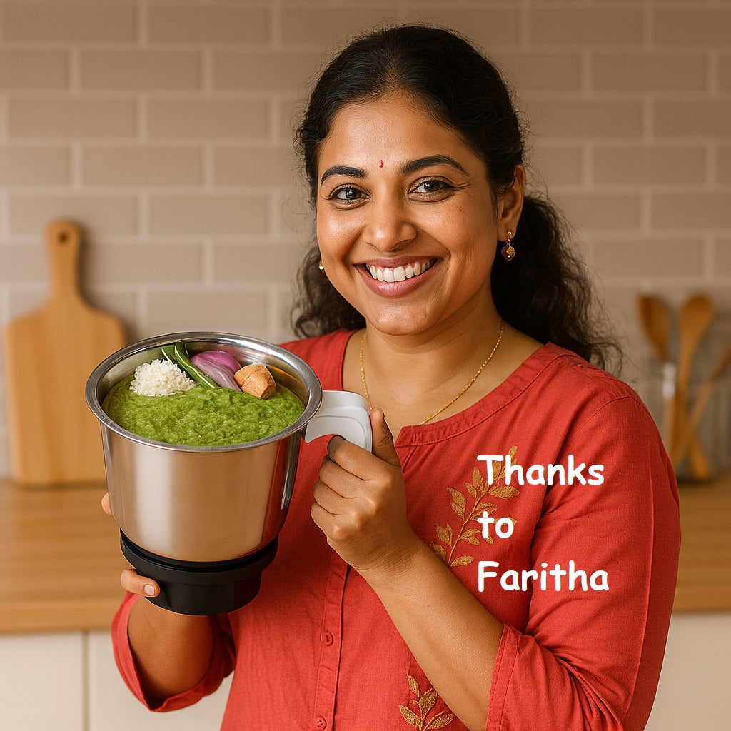 Woman holding a blender with green smoothie in a kitchen setting, with 'Thanks to Faritha' text.