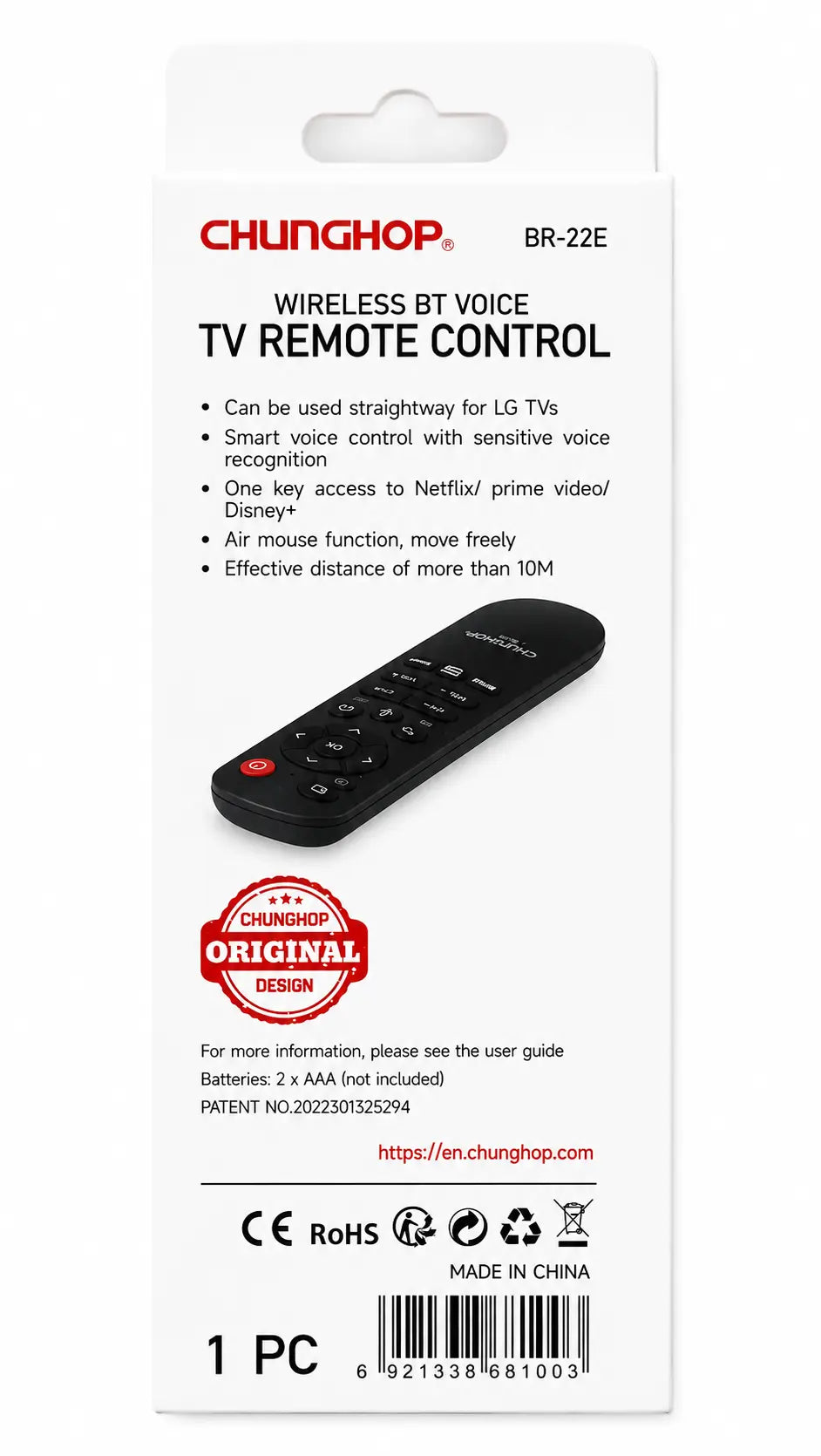 CHUNGHOP BR-22E Smart TV Remote for LG TVs with Voice Control, Netflix & Bluetooth