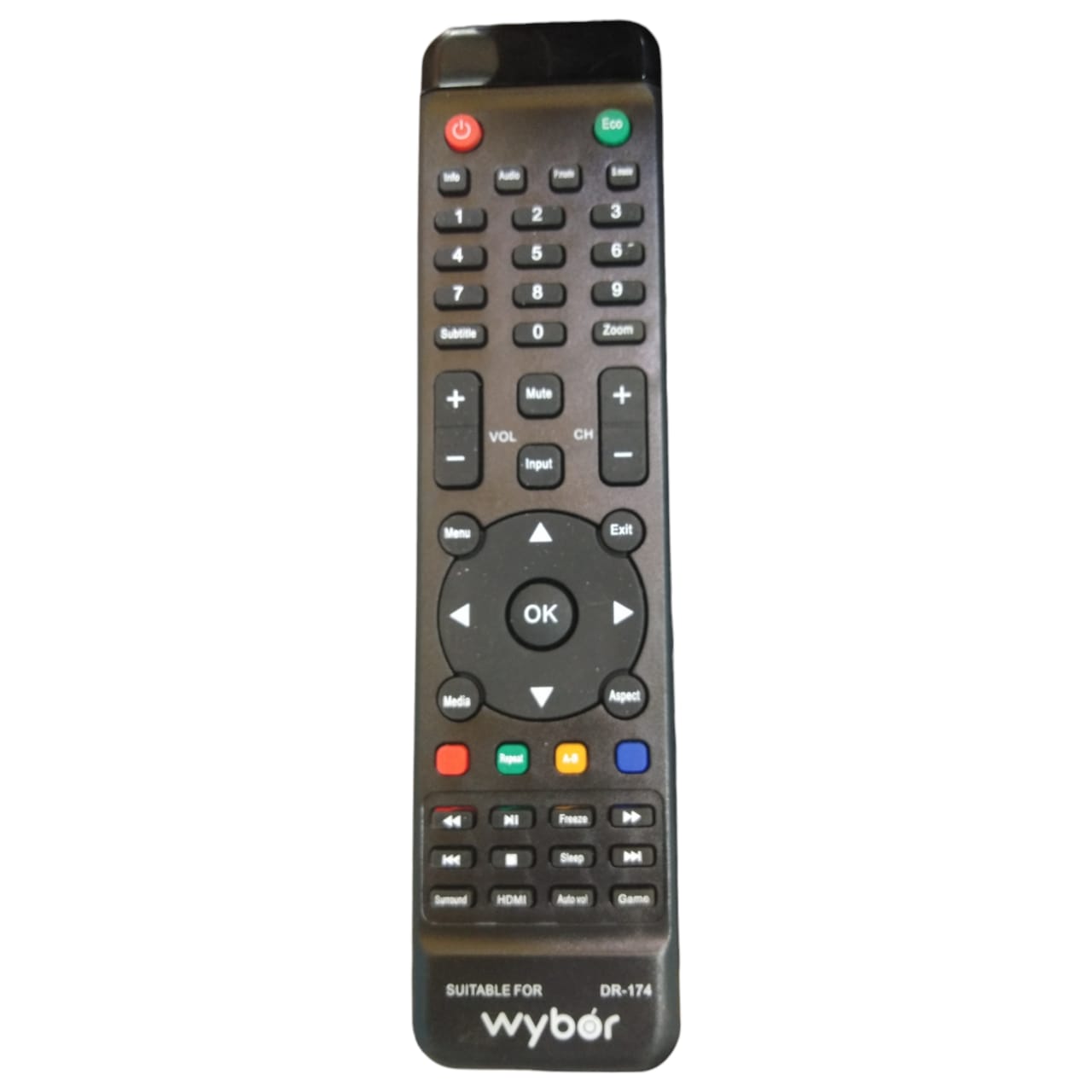 A black wybor brand TV remote control with multiple buttons including numeric keypad and function specific buttons like OK, MENU, and RETURN.