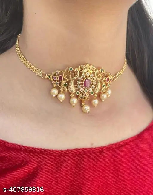Feminine Chunky Gold-Plated Jewellery Set with American Diamonds - Adjustable