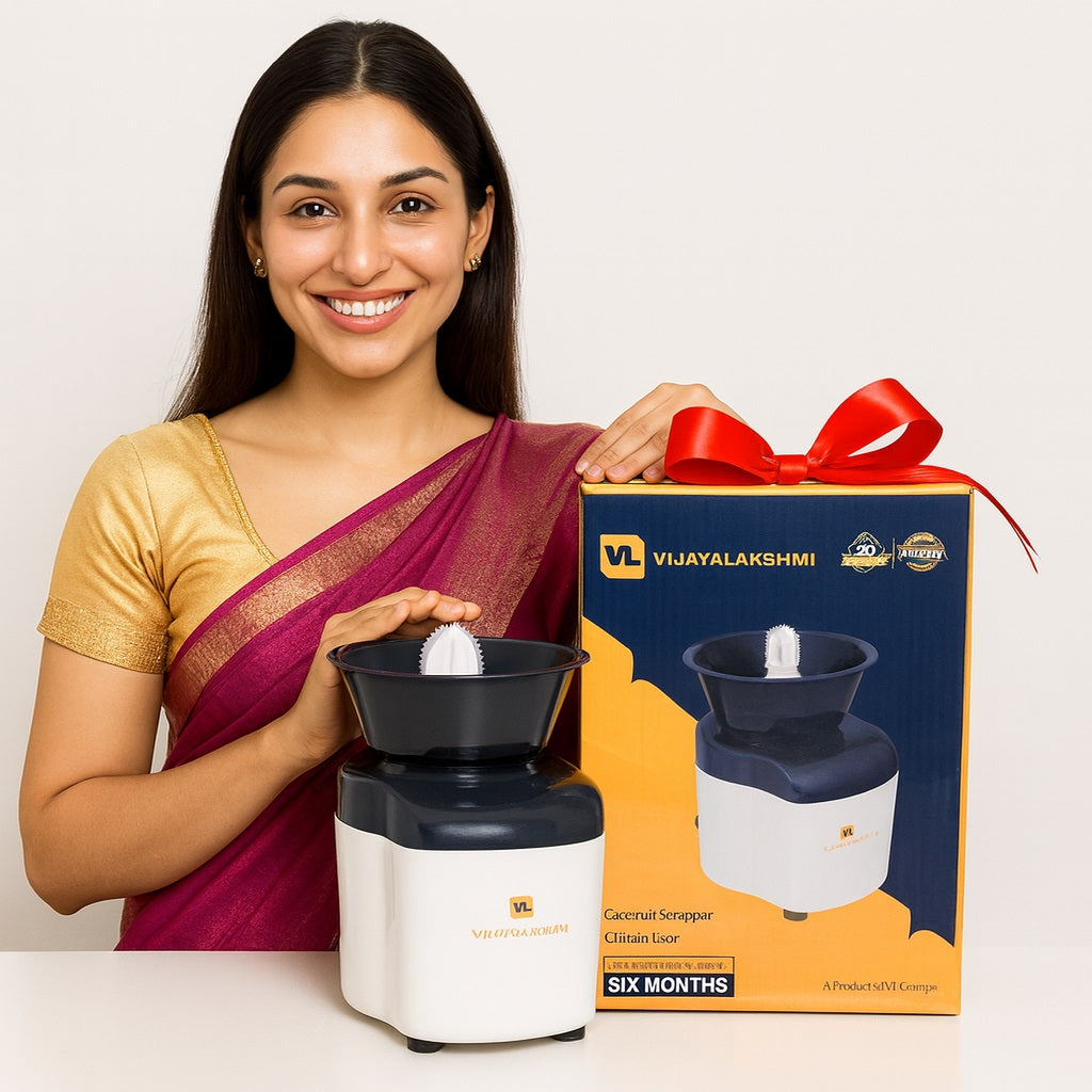 Elegant & Powerful Vijayalakshmi Electric Coconut Scraper & Citrus Juicer – Cute, Compact, Tabletop 2-in-1 Motorized Kitchen Appliance – Ideal for Bridal Trousseau or Wedding Gift#