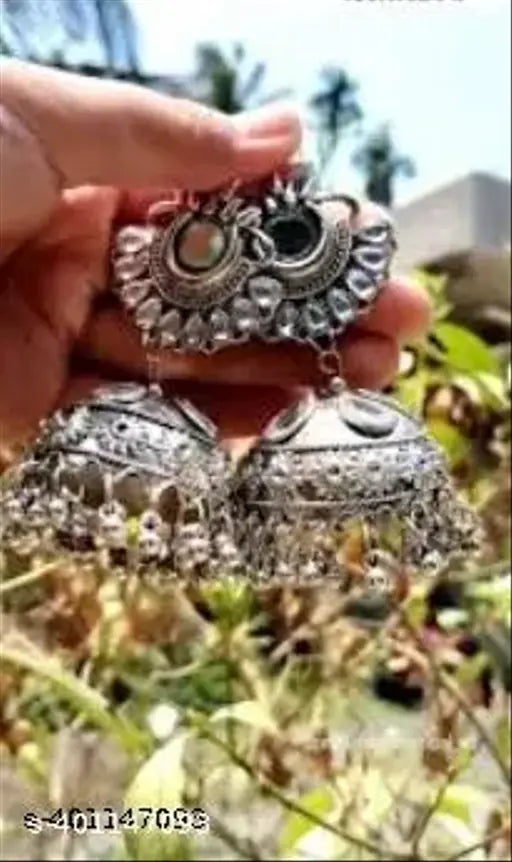 Oxidised Silver Jhumkhas with Artificial Stones - Fancy Earrings & Studs