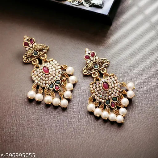 Classic Gold Plated Chandelier Earrings & Studs with Pearl Stones