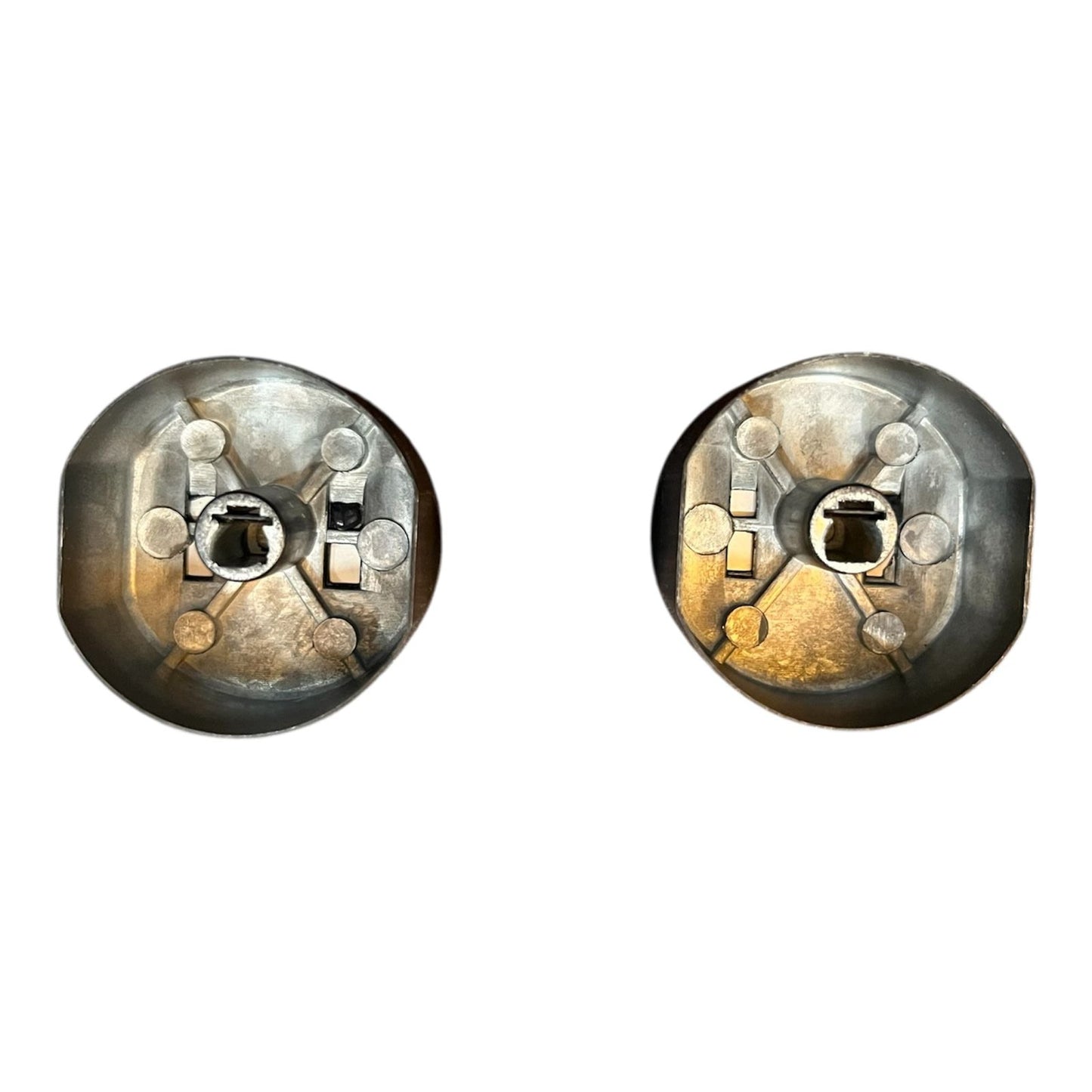 Back view showing universal shaft fit of brushed metal gas stove knob