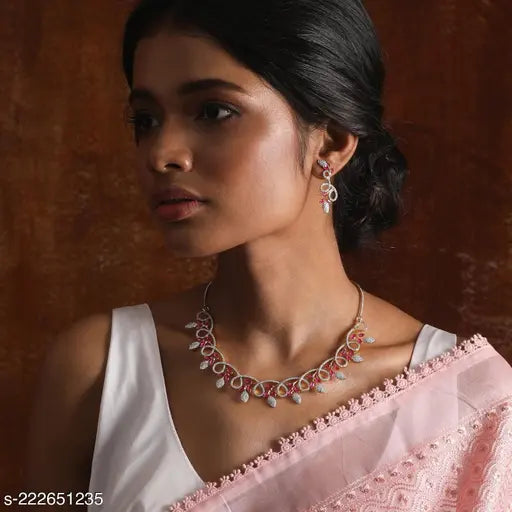 Elite Bejeweled Women Jewellery Set - Adjustable Silver-Plated Necklace & Earrings with Cubic Zirconia