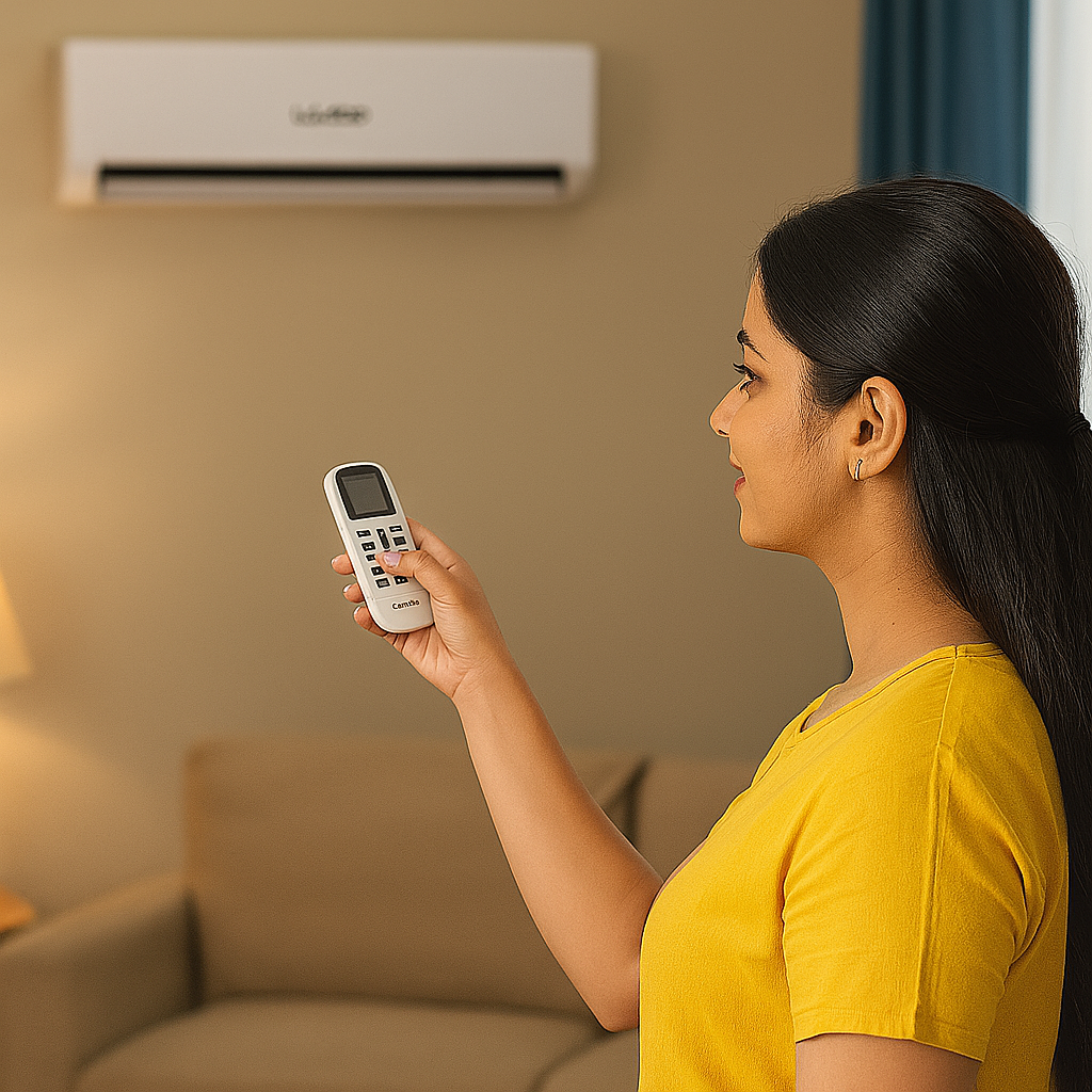 Indian woman using Lloyd AC remote control in a cozy living room – Faritha.com promotional image
