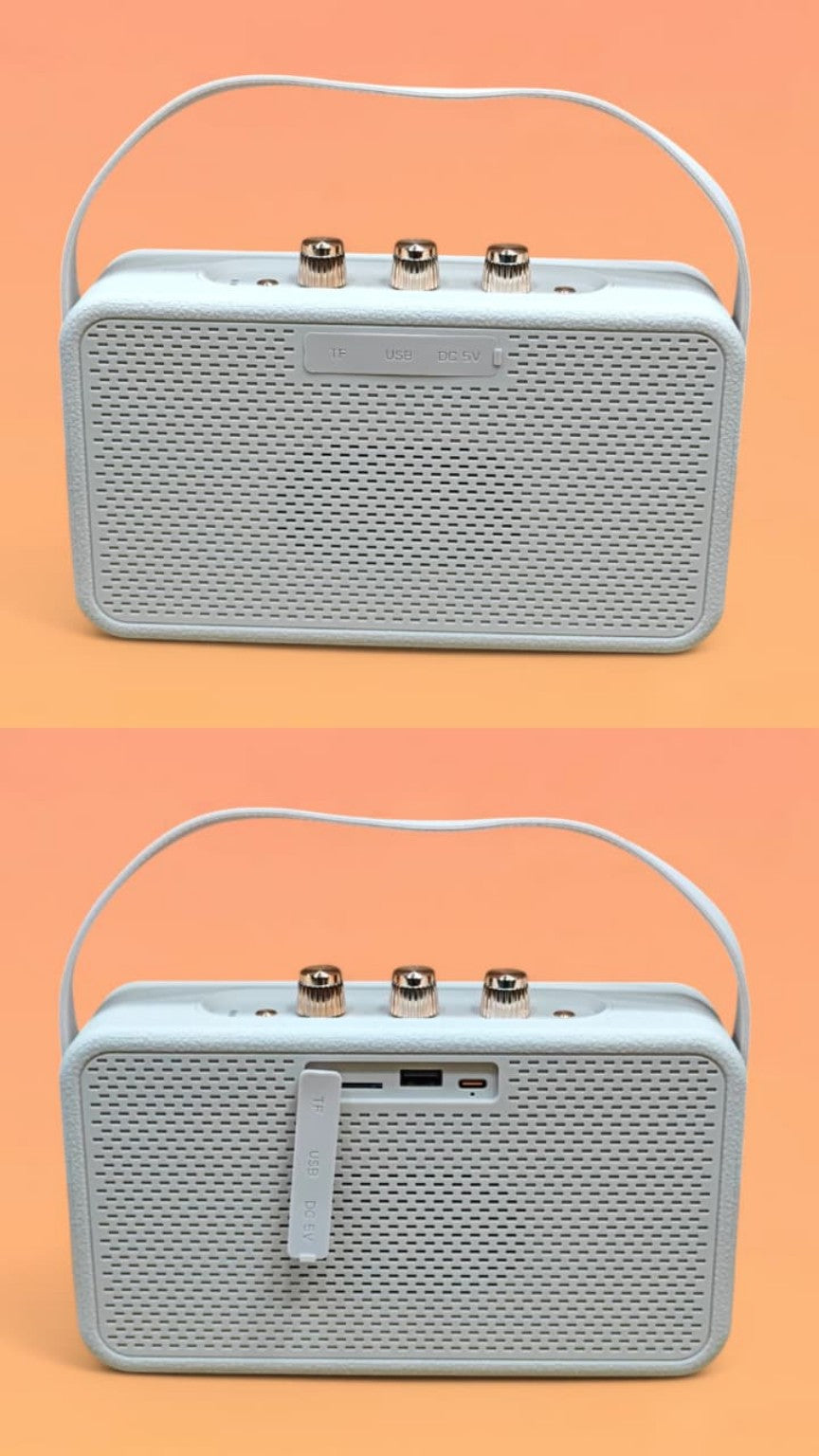 Beige speaker rear ports and USB and TF card slots