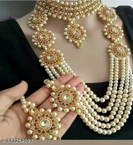 ✨ Shimmering Graceful Gold-Plated Jewellery Set with Cubic Zirconia | Necklace, Earrings & Maangtika