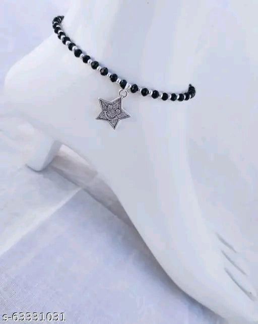 Gleaming Smily Star Black & White Anklet for Girls and Women - German Silver, Adjustable, Oxidized Finish