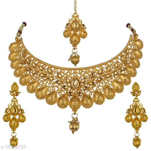 Elite Fancy Gold-Plated Kundan Jewelry Set – Necklace, Earrings, and Maangtika