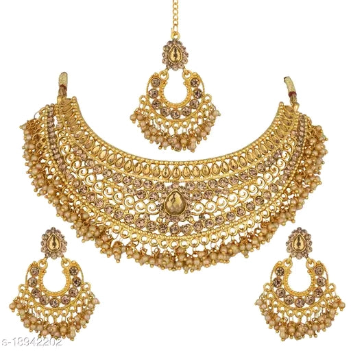 ✨ Elite Glittering Gold-Plated Jewellery Set – Necklace, Earrings & Maangtika ✨