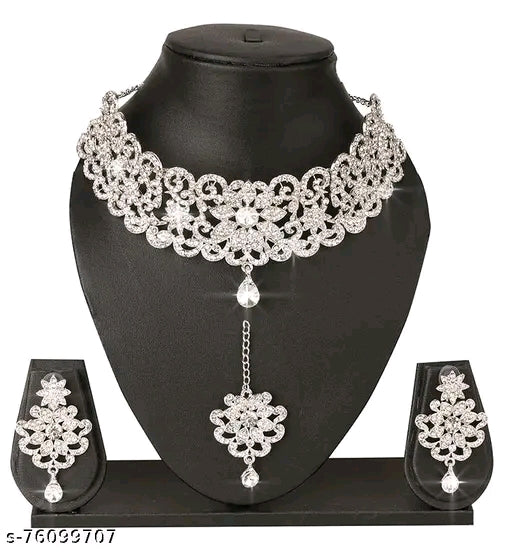 Shimmering Fusion Silver Plated Jewellery Set with Cubic Zirconia - Adjustable Choker & Earrings