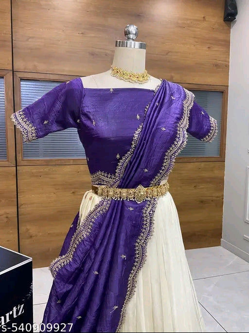 Beautiful Semi-Stitch Half Saree for Women | Pure Viscose Shimmer Fabric with Embroidery Work & Gold Crushed Blouse + Dupatta#