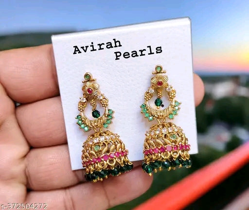 Attractive Avirah Pearls Designer CZ Jhumkhas with Green Crystal Beats for Women's & Girls