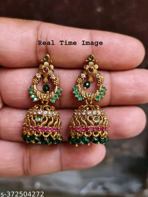 Attractive Avirah Pearls Designer CZ Jhumkhas with Green Crystal Beats for Women's & Girls