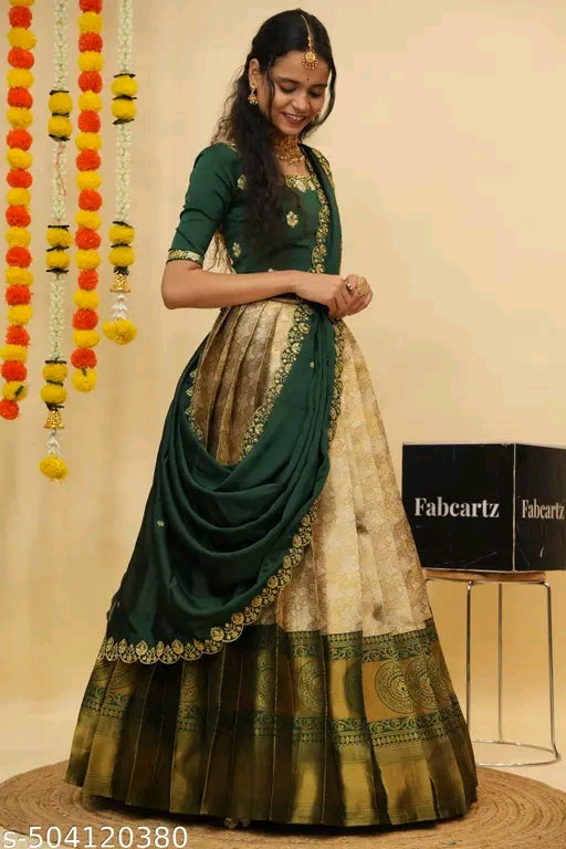 Beautiful Semi-Stitched Half Saree for Women with Woven Design & Rangoli Embroidery Dupatta#