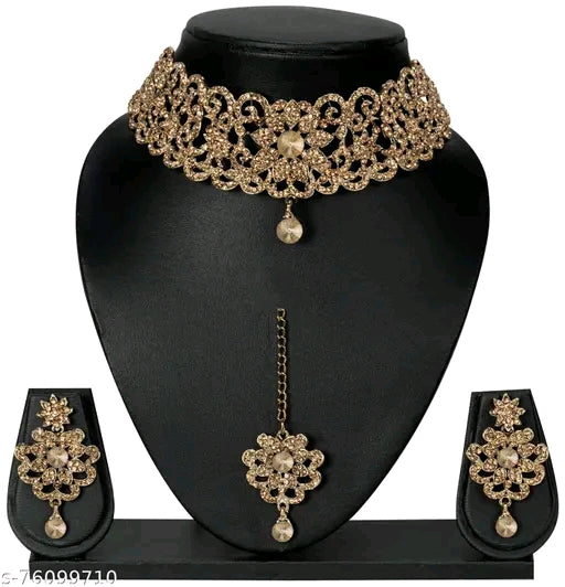Princess Unique Gold-Plated Alloy Jewellery Set with American Diamond & Cubic Zirconia – Adjustable Choker & Earrings