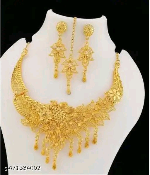 Allure Unique Gold-Plated Jewelry Set – Necklace, Earrings, & Maangtika (Adjustable)