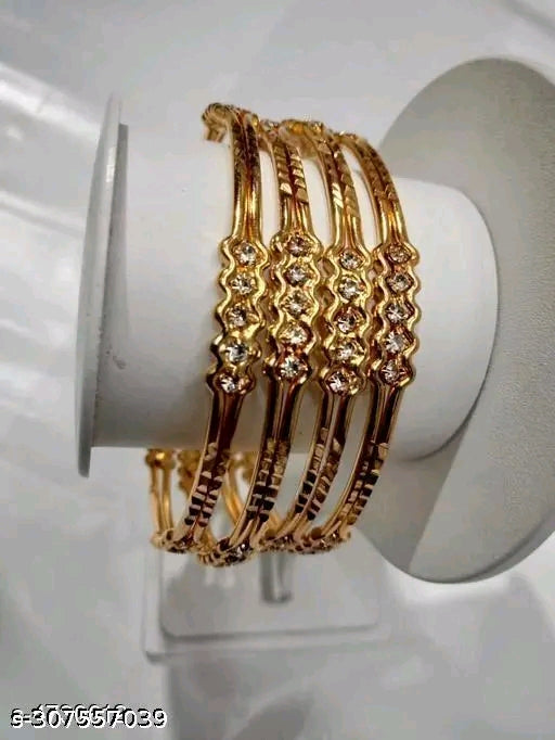Elegant Gold Plated Traditional Bangle Set for Women & Girls – 4 Pcs with Cubic Zirconia Stones