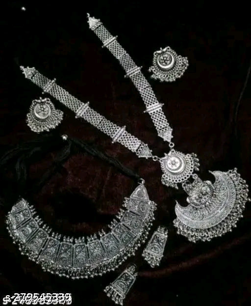 Shimmering Elegance: Oxidised Silver Haram & Earrings Set