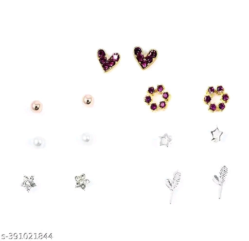 Vembley Pack of 7 Weekly Stud Earrings | Designer Gold-Plated Earrings for Women & Girls | Stylish Korean Earring Collection with Artificial Stones