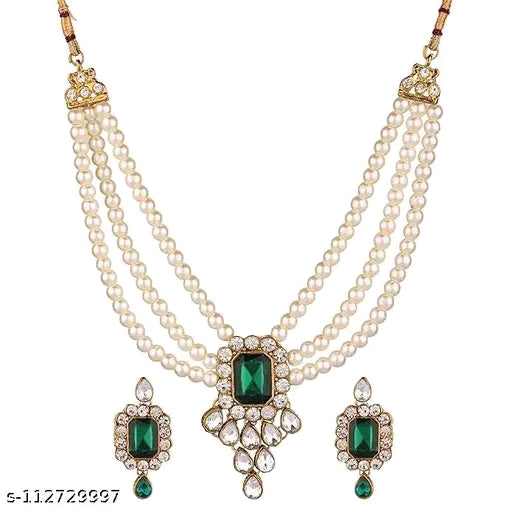 Zestylo Squire Green Combo Set - Gold-Plated Necklace & Earrings with Adjustable Fit"