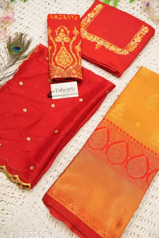 Trending South Indian Half Saree Set With Blouse & Rangoli Embroidery Dupatta#
