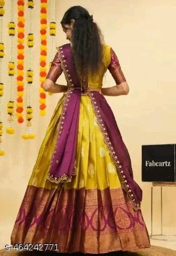 Trending South Indian Litchi Silk Half Saree with Blouse & Rangoli Dupatta #