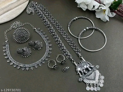 Shimmering Elegance Oxidised Silver Jewellery Set – Haram & Earrings
