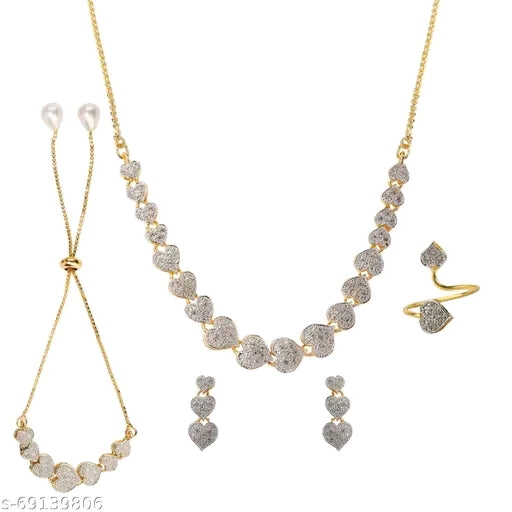 M Creation Gold-Plated Alloy Jewel Set with Necklace, Earrings & Watch | Stunning American Diamond Finish