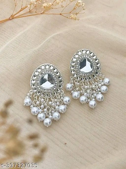 New Gold-Plated Oversized Stud Earrings with Pearl Stones for Women | Alloy-Based Non-Adjustable Studs