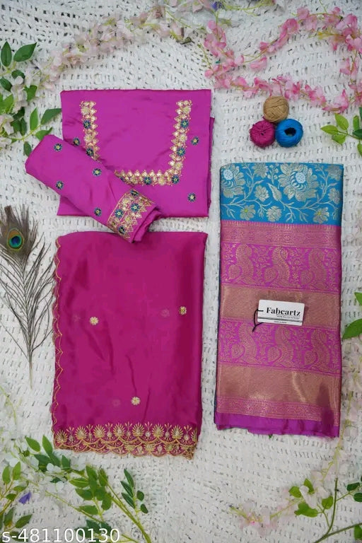 Trending South Indian Unstitched Half Saree Set with Blouse & Rangoli Embroidery Dupatta#