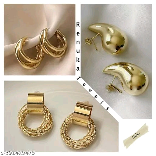 Classic Gold Plated Half Hoop Earrings & Studs (Set of 3)