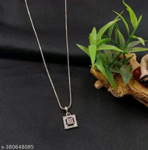 OM SAI CREATIVES Silver-Plated AD Diamond Studded Small Designer Pendant with Antique Chain