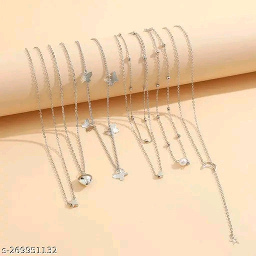 Jewels Galaxy Silver Plated "Six-Pieces" Layered Necklace for Women & Girls - Adjustable Free Size