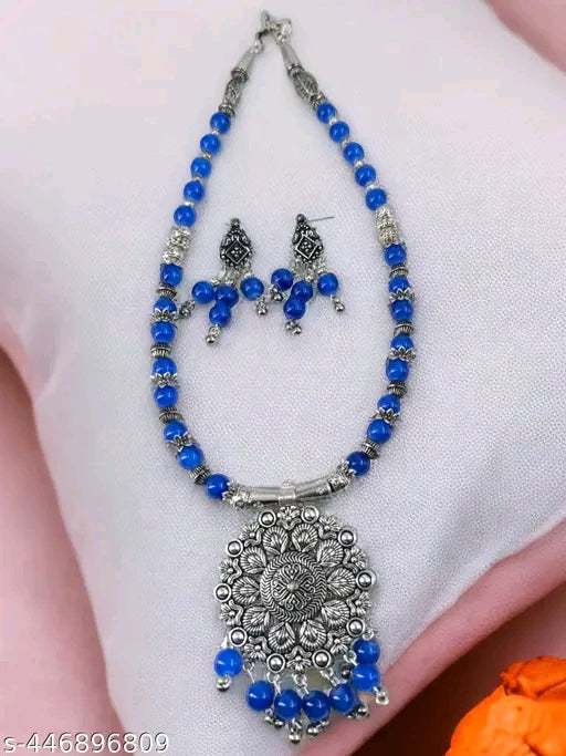 Handmade Blue Beads Oxidised Silver Pendant & Earrings Set – Indian Ethnic Jewelry for Women