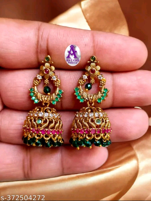 Attractive Avirah Pearls Designer CZ Jhumkhas with Green Crystal Beats for Women's & Girls