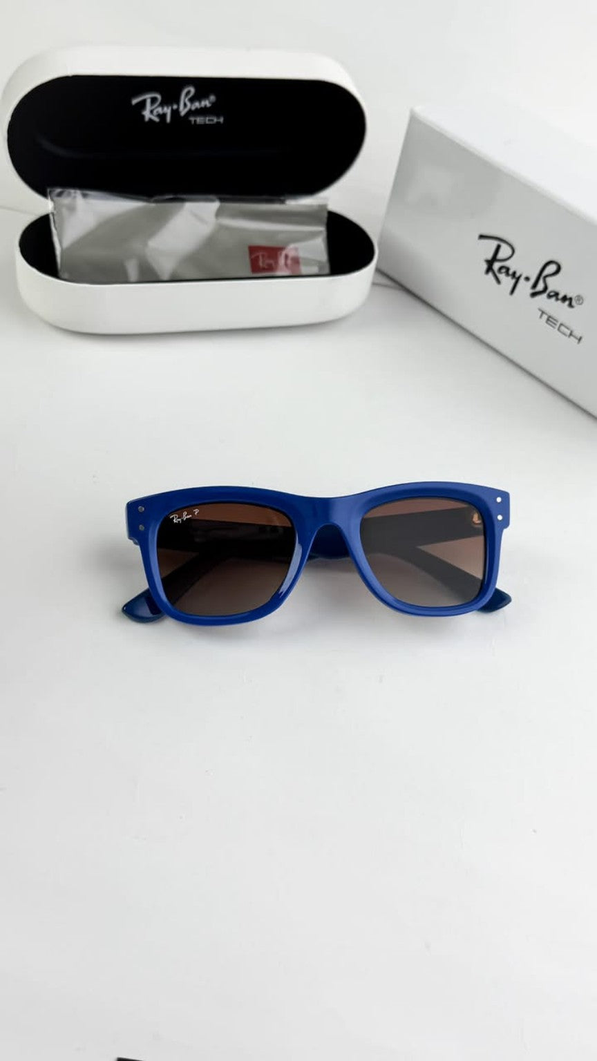 Blue frame sunglasses front view with case and box