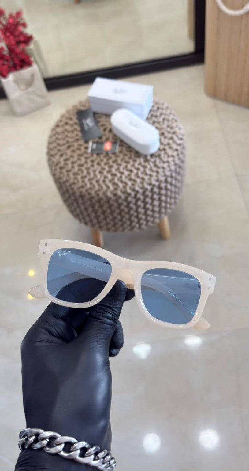 White frame blue lens sunglasses front detail