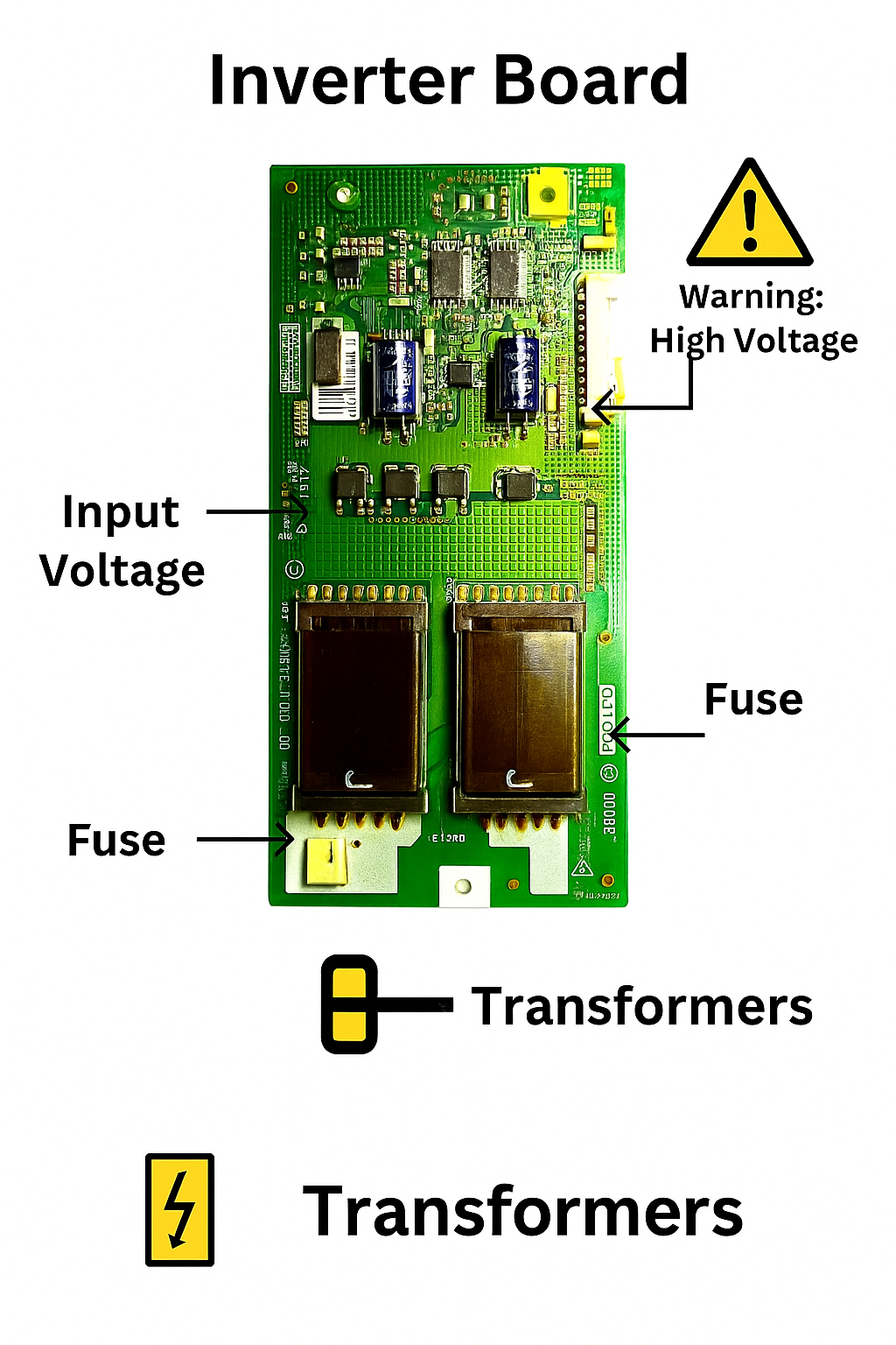 Diagram of an inverter board with labeled components on a white background