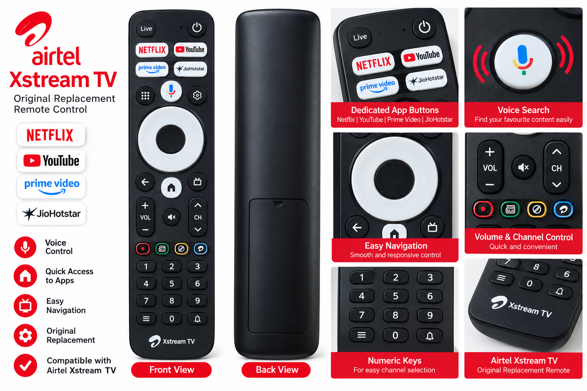 Airtel Xstream TV Remote Control – Voice Search, Netflix, YouTube, Prime Video & JioHotstar Buttons